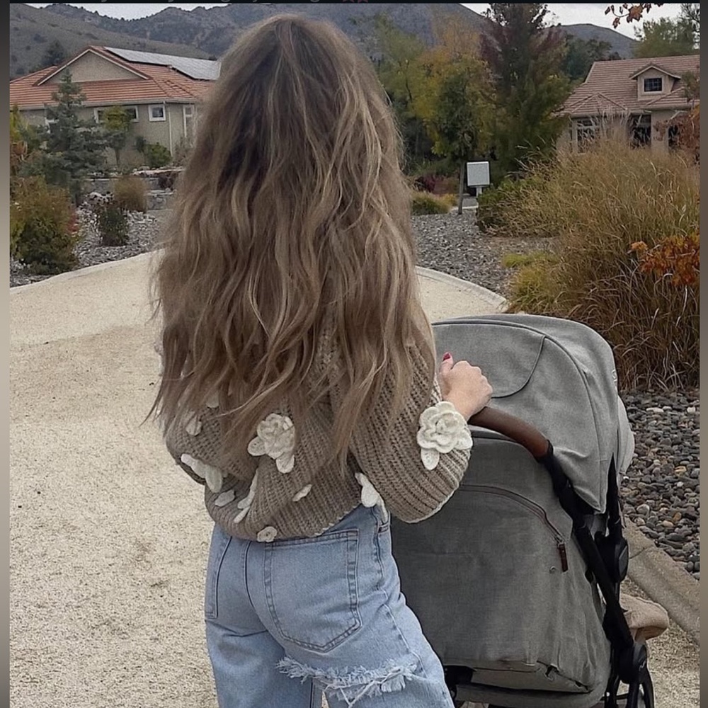 For Love And Lemons Tan Cardigan with Cream Floral Accents